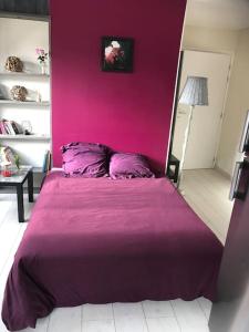 a purple bed in a room with a pink wall at Charmant T1 privé avec vue et accès piscine in Basse-Goulaine