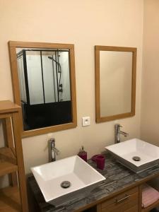 a bathroom with two sinks and a mirror at Charmant T3 privé avec vue et accès piscine in Basse-Goulaine +26 photos
