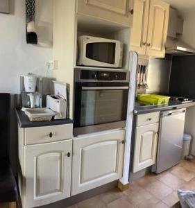 a kitchen with a microwave and a stove top oven at les deux pins in Saintes-Maries-de-la-Mer