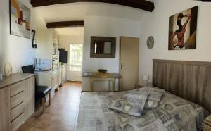 a bedroom with a large bed and a kitchen at les deux pins in Saintes-Maries-de-la-Mer