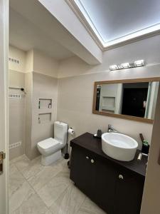 Un baño con lavabo, inodoro y espejo. en Family friendly downtown apart, en Sofía