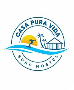 un logo de una casa de surf con un hombre en una tabla de surf en el océano en Casa Pura Vida Surf Hostel - Tamarindo Costa Rica en Tamarindo