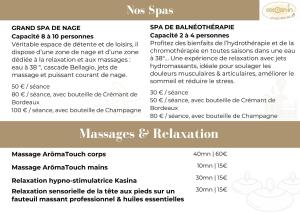 a screenshot of a menu for a restaurant at DOMAINE DES PIERRES PRECIEUSES - Grand Standing - 2 à 15 pers - Chic - Spa - Détente - Massages - Bien-être - 30' Bordeaux in Gauriaguet
