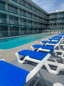 a row of blue and white lounge chairs next to a swimming pool at Royal Canadian Motel in Wildwood