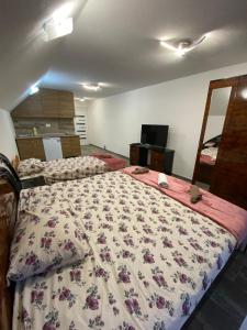 a bedroom with a large bed with a floral bedspread at Villa Mali Vuk in Banja Luka