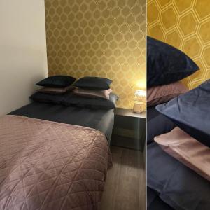 deux photos d'une chambre avec un lit et un mur jaune dans l'établissement B&B Twente, à Enschede