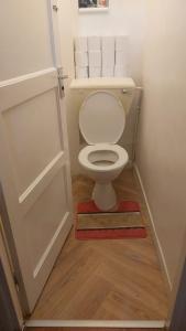 a bathroom with a toilet with a door and a rug at Bethnal Green Guest House in London