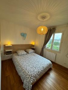 een slaapkamer met een bed, een raam en een kroonluchter bij Maison port guillaume in Dives-sur-Mer