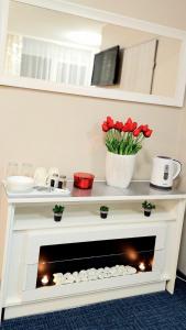 a fireplace in a living room with red tulips at HORTENSJA 304 in Koszalin
