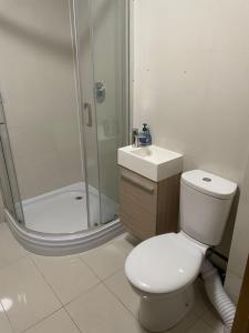 a bathroom with a shower and a toilet and a sink at 133 Cornwall Road n15 5ax in London