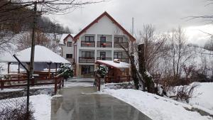 a large house with snow on the ground at Pensiunea Valea Toplitei in Roşia