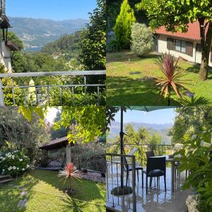 een collage van foto's van een tuin met een tafel en stoelen bij Casa de Casarelhos - Casa de férias - Gerês in Geres