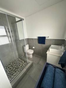 a bathroom with a shower and a toilet and a sink at Ocean View Villa - Upper in St. Helena Bay +30 photos