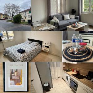 uma colagem de fotos de uma sala de estar e um quarto em Logement calme + stationnement em Troyes