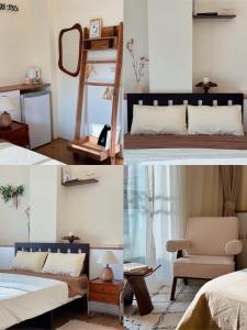 a collage of pictures of a bedroom with a bed and a chair at Owl Inn in Tainan