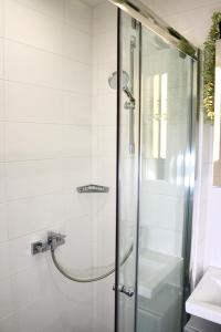 a shower with a glass door in a bathroom at Philux City Apartment in Vienna