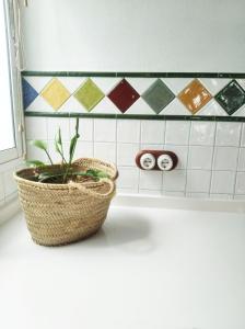 Una planta en una cesta en un mostrador en un baño en Casa de abuela Maria, en Prado del Rey