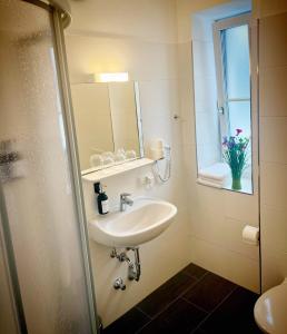 een badkamer met een wastafel en een spiegel bij Hotel Genta in Salzburg