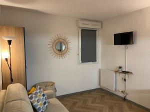 a living room with a couch and a mirror at Studio Le Mont Beas in Aulus-les-Bains