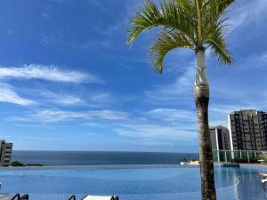 a palm tree sitting next to a swimming pool at Melhor vista de Salvador, apartamento 59.03m2. in Salvador