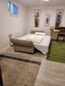 a bedroom with a bed and a green rug at Business Apartment in Kaiserslautern