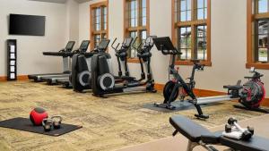 a fitness room with treadmills and exercise bikes at Fresh SNOW! Exquisite Upscale Oasis · Ski Resort in Breckenridge