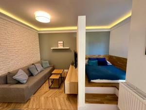 a living room with a couch and a bed at Apartament Kaszubska Bryza in Hel