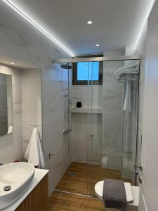 a bathroom with a shower and a sink at Mitos Villas in Gerani