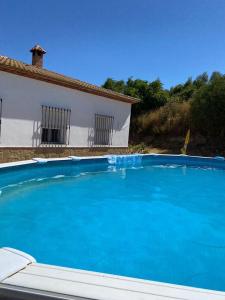 una gran piscina azul frente a una casa en Casa rural de encanto en plena Serranía de Ronda, en Ronda