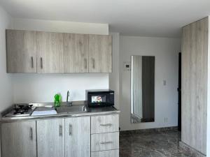 a kitchen with a sink and a microwave at Olmo Apartahotel in Pereira