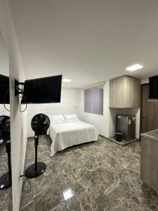 um quarto com uma cama e uma televisão de ecrã plano em Olmo Apartahotel em Pereira