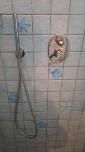 eine Dusche im Bad mit blauen Sternen an der Wand in der Unterkunft Davantialmare in Livorno