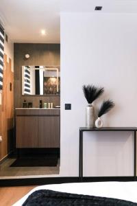 een badkamer met een wastafel en een spiegel in een kamer bij Le Black & White - 10 min Orly, 3 min gare Juvisy in Athis-Mons