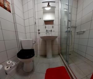 a bathroom with a toilet and a sink and a shower at HORTENSJA 304 in Koszalin