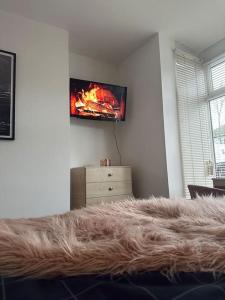 a living room with a fire in a tv on a wall at Cosy Lodge for up to 9 guests near hart of Lincoln! Short let & longer bookings welcome, weekly and monthly offers in Lincolnshire
