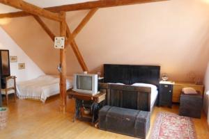 1 dormitorio con 1 cama y TV en una mesa en Hospoda na statku, en Kadov