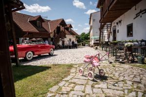 un pequeño coche rosa estacionado junto a una carretera de piedra en Hospoda na statku, en Kadov