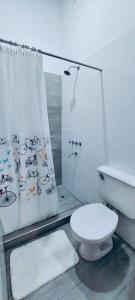 a bathroom with a toilet and a shower curtain at Monoambiente Luminoso con Pileta y asador in Mendoza