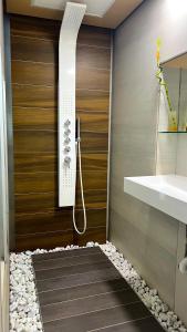 ブダペストにあるSmall Home Budapest Drávaのバスルーム(シャワー付)、木製のドアが備わります。