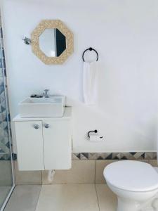 La salle de bains est pourvue de toilettes, d'un lavabo et d'un miroir. dans l'établissement DuPai Sorocaba 11, à Sorocaba