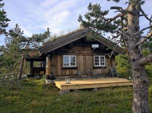 Cabaña de madera con terraza en un campo en Solehøgda 71. Unik tømmerhytte som er håndlaget en Surteberg