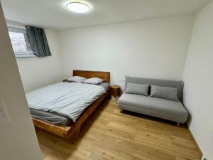 - une chambre avec un lit et un canapé dans l'établissement Apartmány Rezidence Lyžařská, à Janské Lázně