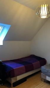 um quarto com uma cama e um lustre em Hâvre de paix em Sevran