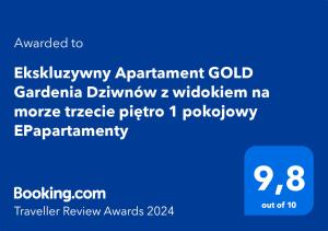 Certifikát, ocenenie alebo iný dokument vystavený v ubytovaní Ekskluzywny Apartament GOLD Gardenia Dziwnów z widokiem na morze trzecie piętro 1 pokojowy EPapartamenty