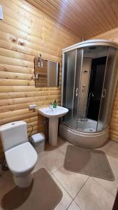 a bathroom with a shower and a toilet and a sink at Порядна Ґаздиня in Yaremche