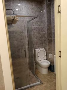 a bathroom with a toilet and a glass shower stall at soprano guest house in Baku