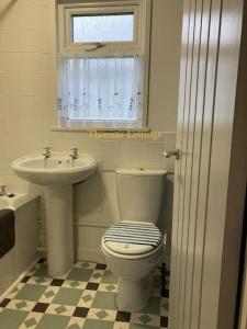 a bathroom with a toilet and a sink at Cosy 2 Bed Chalet in Great Yarmouth