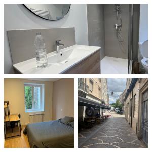 a bathroom with a sink and a shower and a mirror at Appartement Saint-Etienne hyper centre in Saint-Étienne