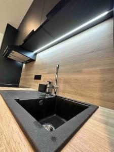 a kitchen with a black sink in a kitchen at Appartement Saint-Etienne hyper centre in Saint-Étienne