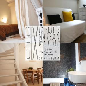 サン・テニャンにあるLa Petite Maison d'à Côtéのベッドルーム1室、バスルーム(ベッド1台、テーブル付)が備わります。